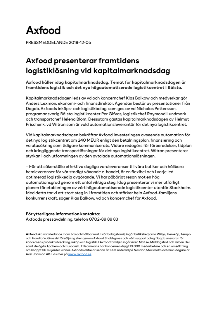 Axfood presenterar framtidens logistiklösning vid kapitalmarknadsdag