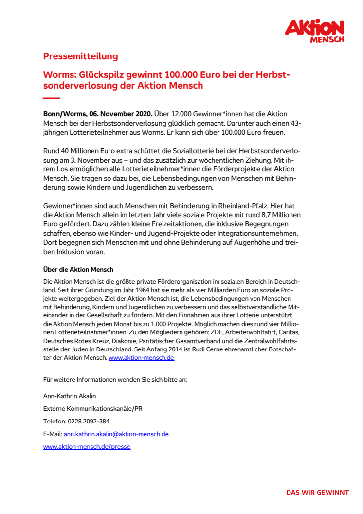 Worms: Glückspilz gewinnt 100.000 Euro bei der Herbst-sonderverlosung der Aktion Mensch 