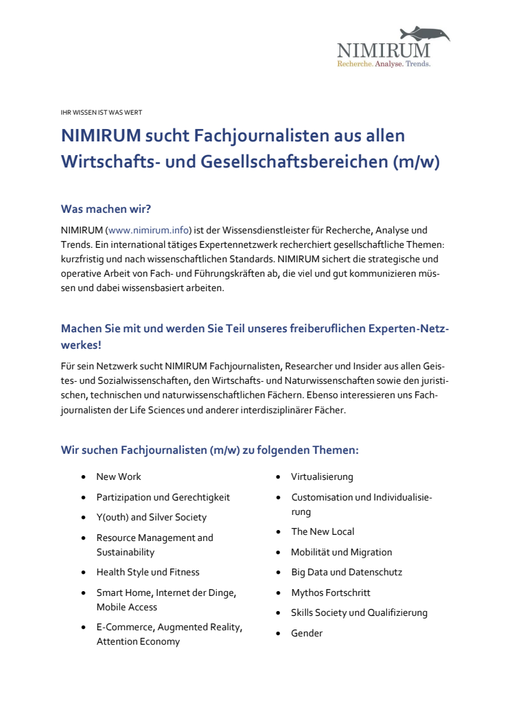 NIMIRUM Ausschreibung Fachjournalisten