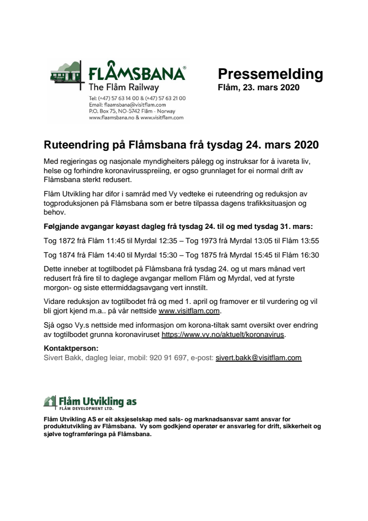 Ruteendring på Flåmsbana frå tysdag 24. mars 2020