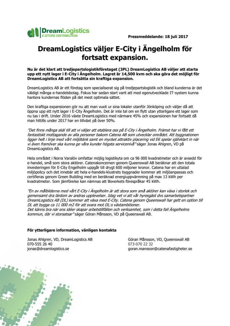 DreamLogistics väljer E-City i Ängelholm för fortsatt expansion.