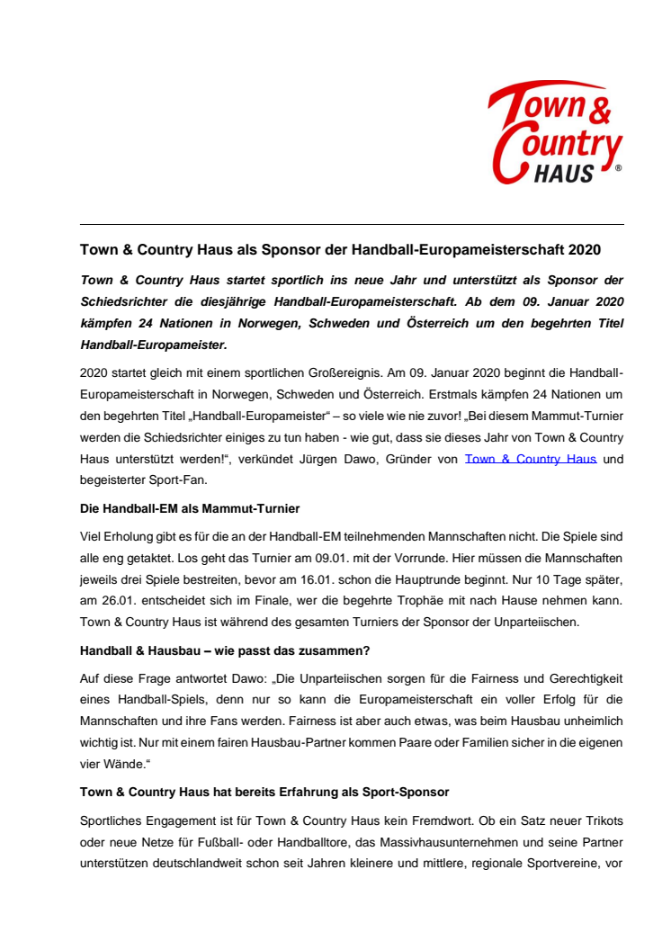 Town & Country Haus als Sponsor der Handball-Europameisterschaft 2020