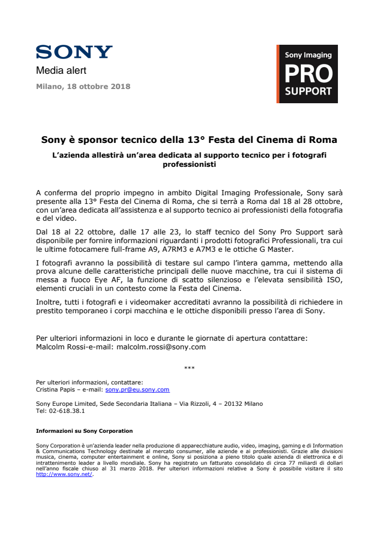 ​Sony è sponsor tecnico della 13° Festa del Cinema di Roma