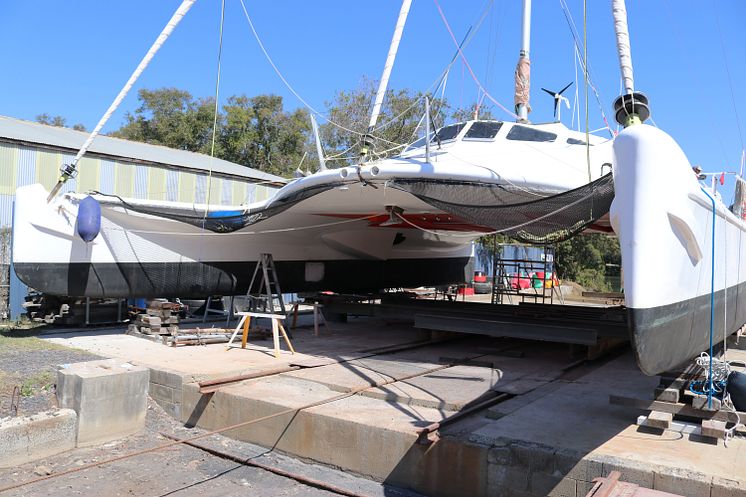 Hi-res image - YANMAR - 52-foot Hitchhiker sailing catamaran, SV X-IT, in the slipway