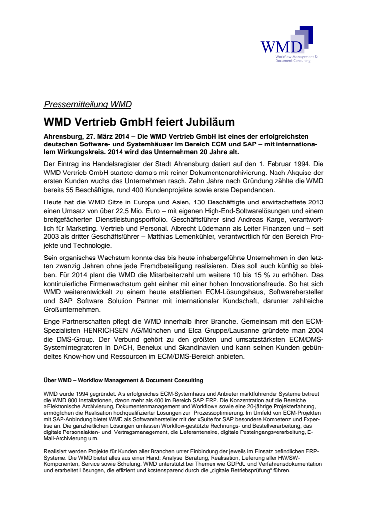 WMD Vertrieb GmbH feiert Jubiläum