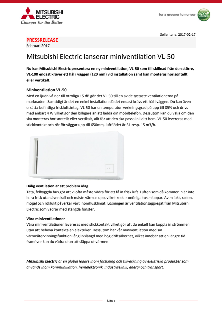 Mitsubishi Electric lanserar miniventilation VL-50