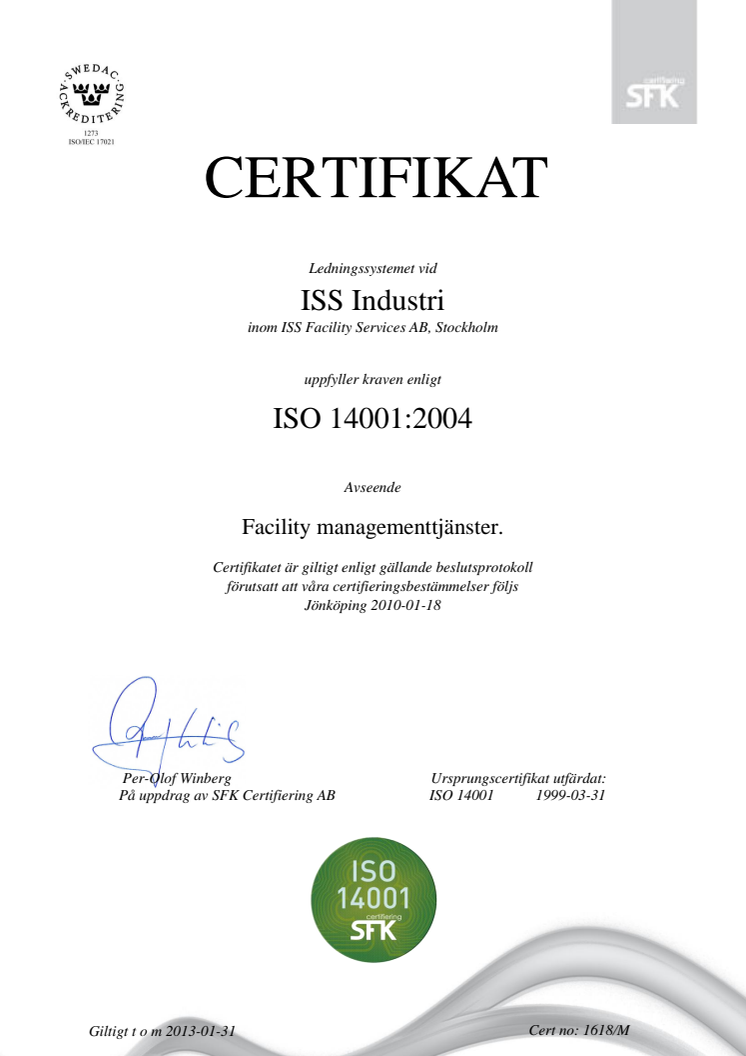 ISO 14001 certifikat ISS Industri
