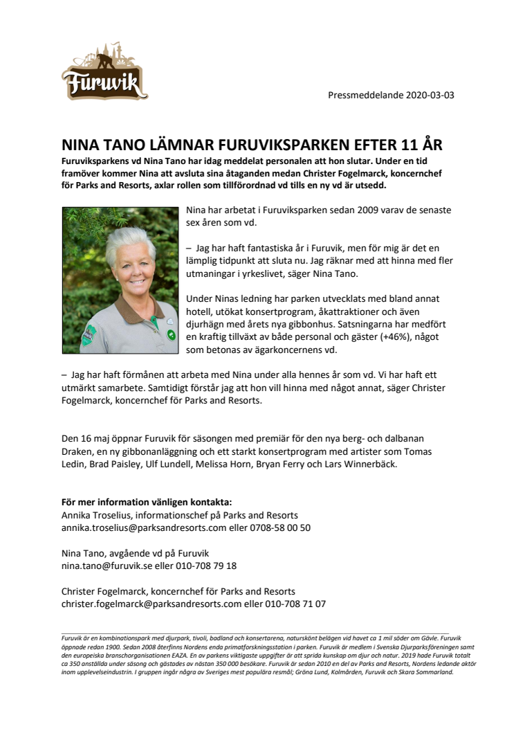 Nina Tano lämnar Furuviksparken efter 11 år