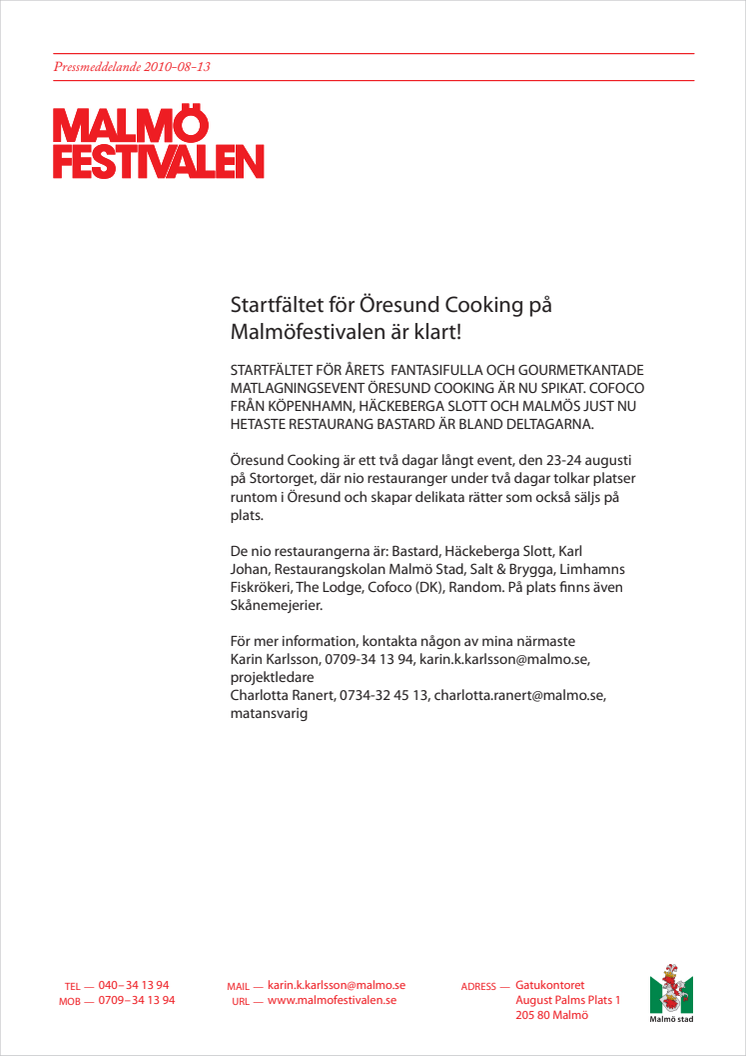 Startfältet för Öresund Cooking på Malmöfestivalen är klart!