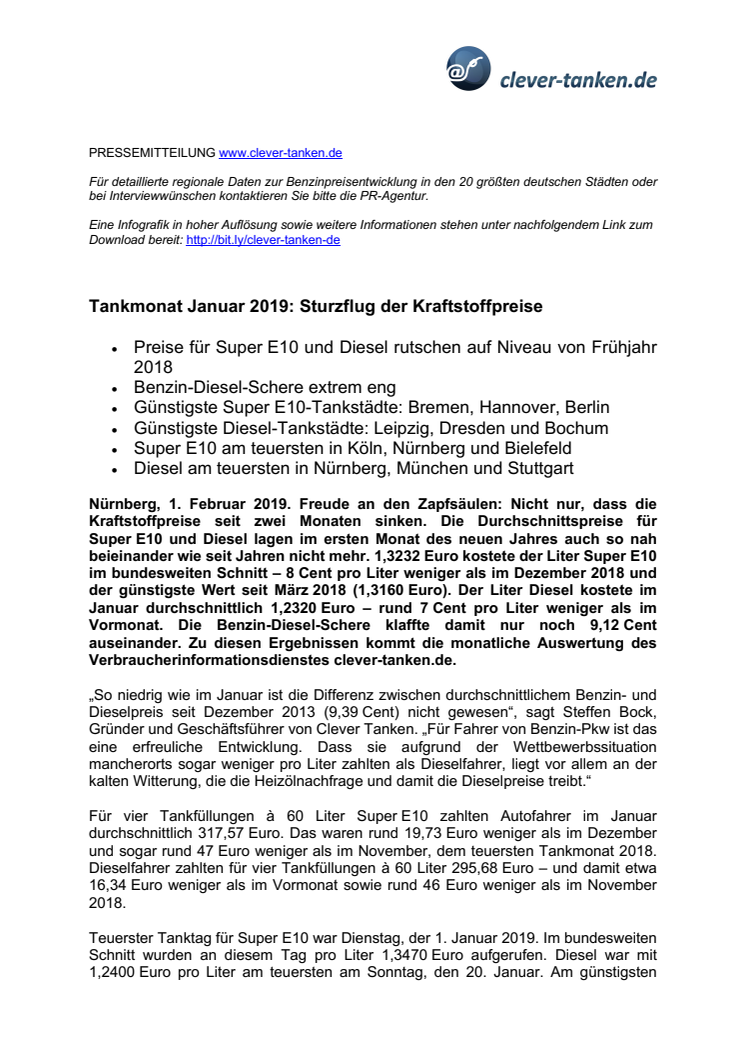 Tankmonat Januar 2019: Sturzflug der Kraftstoffpreise 