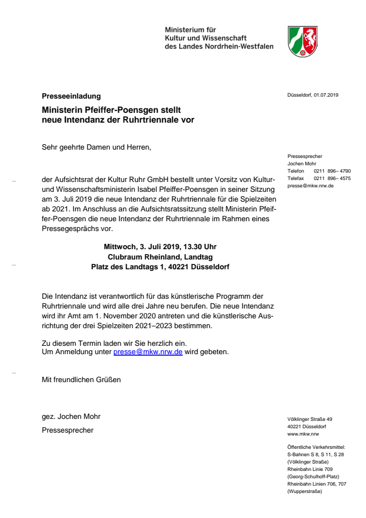 Einladung: Ministerin Pfeiffer-Poensgen stellt neue Intendanz der Ruhrtriennale vor
