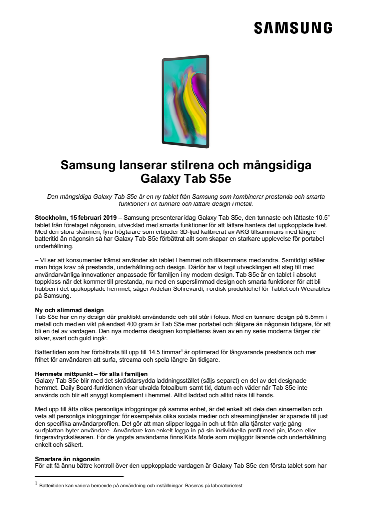 Samsung lanserar stilrena och mångsidiga Galaxy Tab S5e
