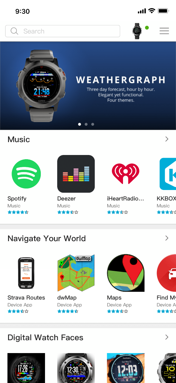 Connect IQ App Store, Musik, Navigation, Watch Faces