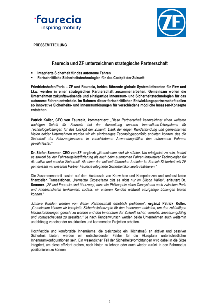 Faurecia und ZF unterzeichnen strategische Partnerschaft