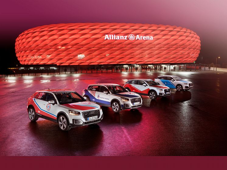 Fire Audi Q2 biler lakeret i de fire klubfarver gør reklame for Audi Cup 2017