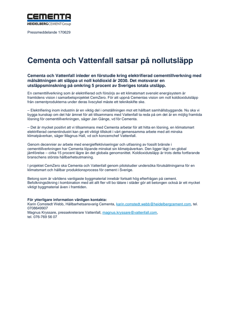 Cementa och Vattenfall satsar på nollutsläpp