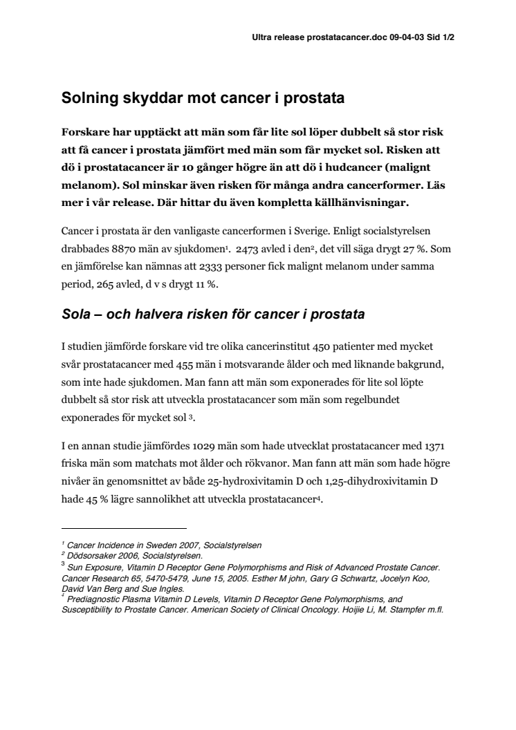 Sol skyddar mot cancer i prostata
