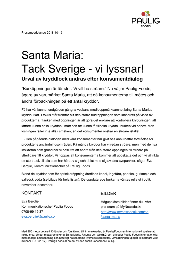 Santa Maria: Tack Sverige - vi lyssnar! Urval av kryddlock ändras efter konsumentdialog