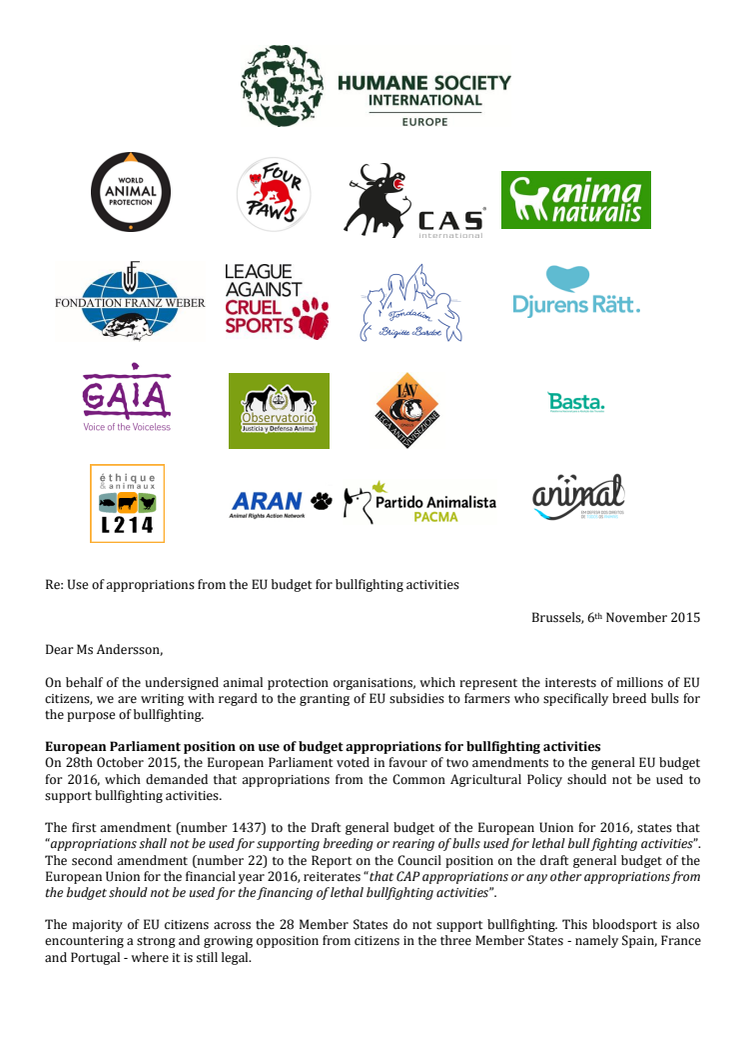Brev till Magdalena Andersson Use of appropriations from the EU budget for bullfighting activities
