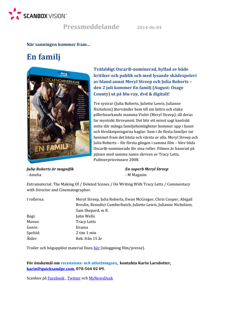 En familj (August: Osage County) på Blu-ray, dvd & digitalt 2 juli