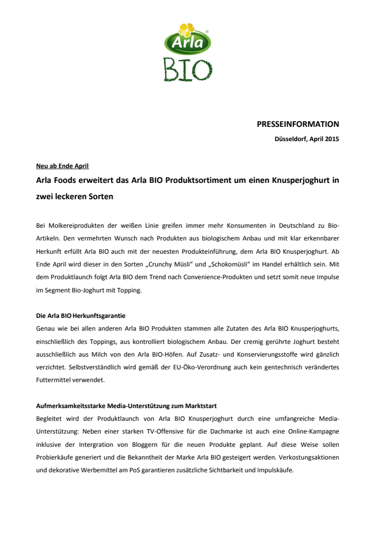 Arla Foods erweitert das Arla BIO Produktsortiment um einen Knusperjoghurt in zwei leckeren Sorten 