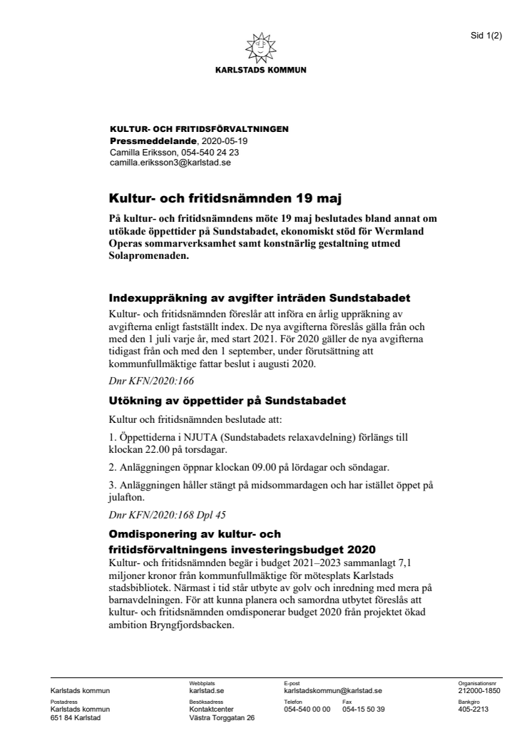 Kultur- och fritidsnämnden i korthet 19 maj