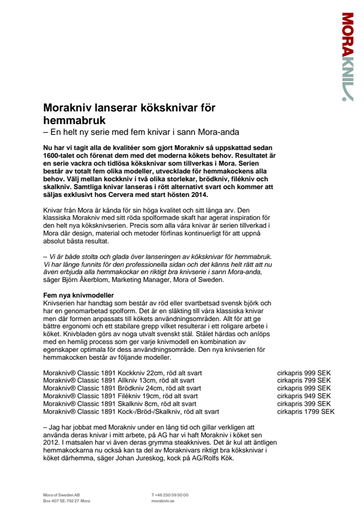 Morakniv lanserar köksknivar för hemmabruk