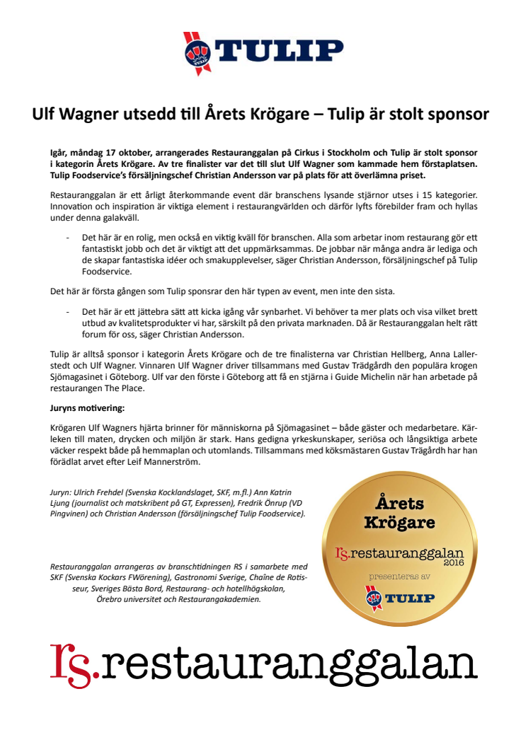 Ulf Wagner utsedd till Årets Krögare – Tulip är stolt sponsor