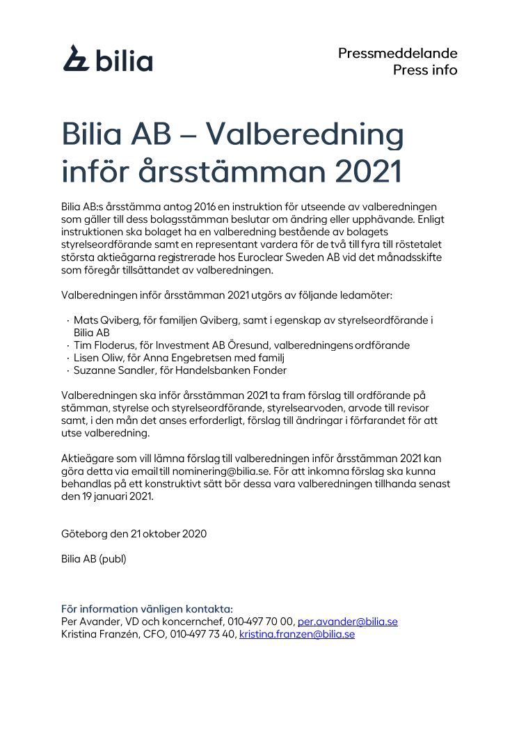 Bilia AB – Valberedning inför årsstämman 2021