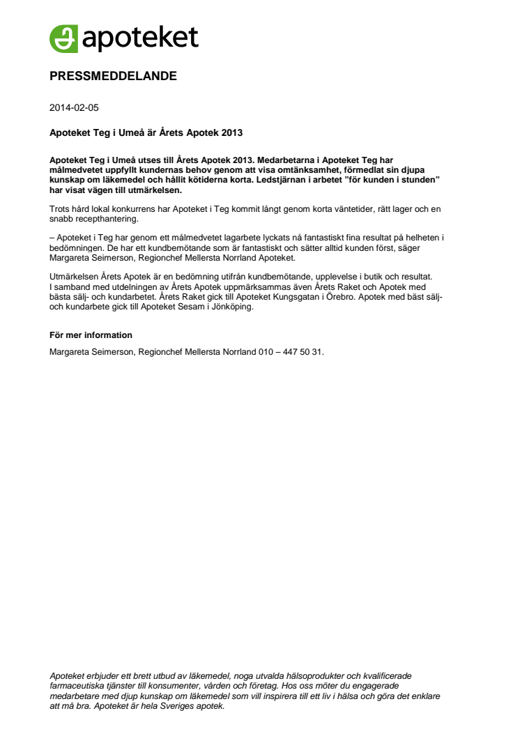 Apoteket Teg i Umeå är Årets Apotek 2013