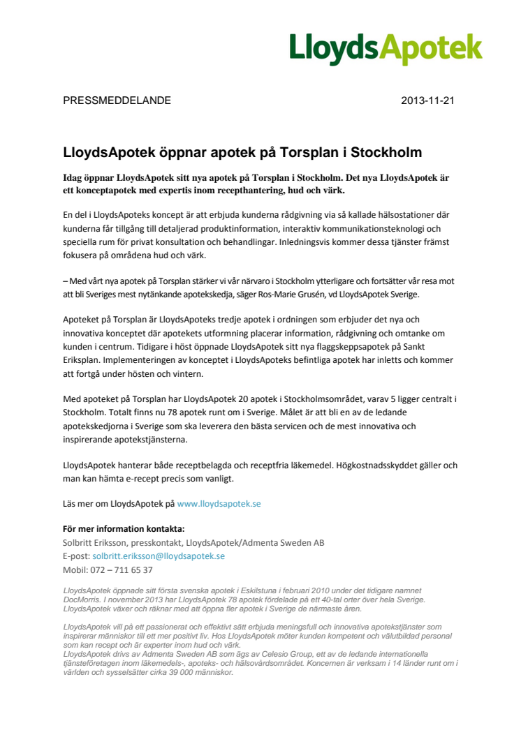 LloydsApotek öppnar apotek på Torsplan i Stockholm