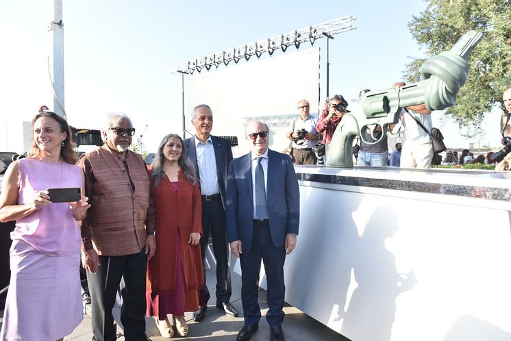 October 2nd Non-Violence Day Celebration - Founders Dr. Ogarit Younan and Dr. Walid Slaybi with Mr Arun Gandhi and Mr Blaise Oberson CEO NVPF.