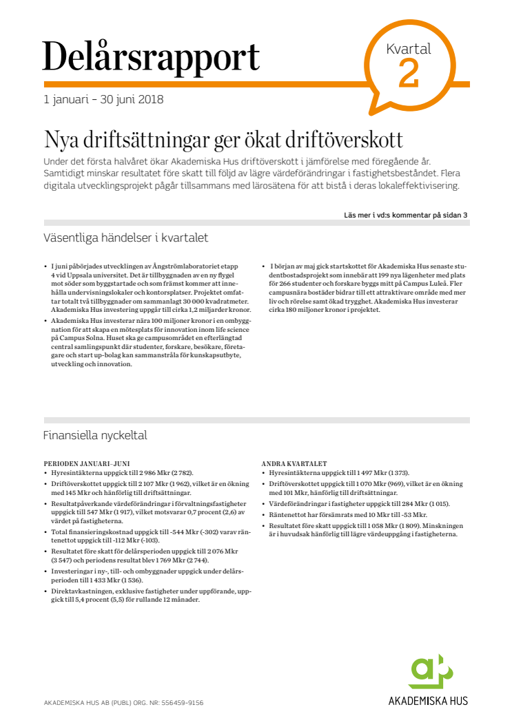 Delårsrapport 1 januari - 30 juni 2018