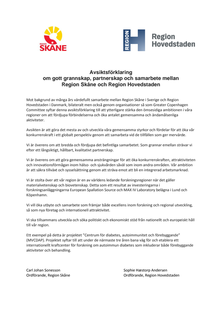Avsiktsförklaring om gott grannskap, partnerskap och samarbete mellan Region Skåne och Region Hovedstaden