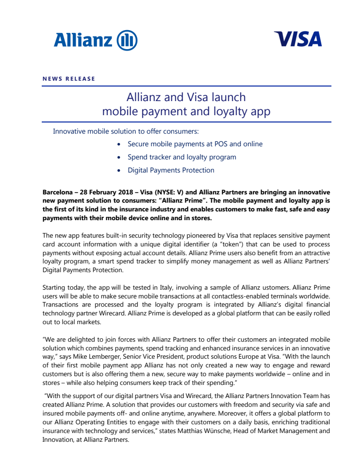 Visa et Allianz Partners apportent aux consommateurs une nouvelle solution de paiement innovante: "Allianz Prime"