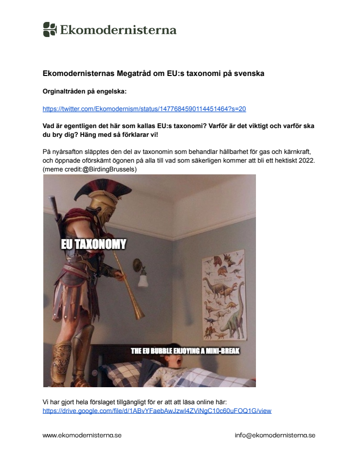 Ekomodernisternas megatråd "The EU Taxonomy mega-thread" finns nu sammanfattad på svenska