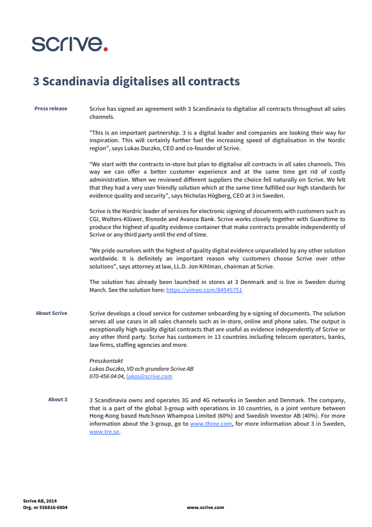 3 Scandinavia digitalises all contracts together with Scrive
