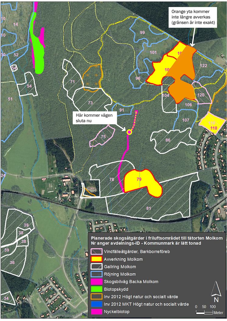 Karta över planerade skogsåtgärder i Molkom inklusive ändringar. 