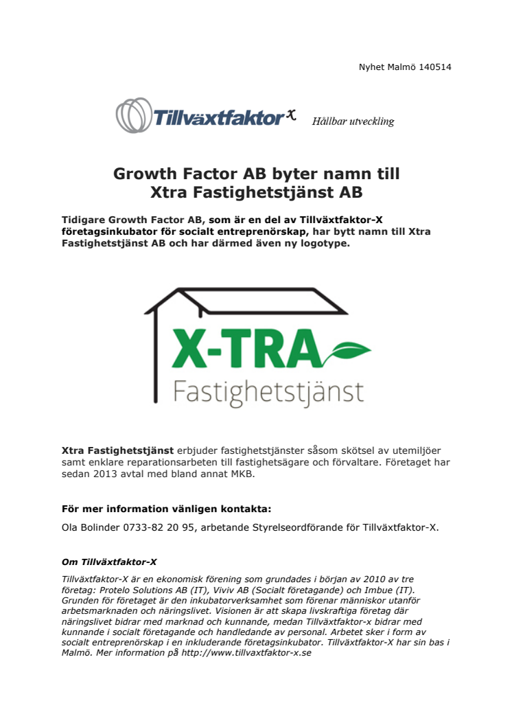 Growth Factor AB byter namn till Xtra Fastighetstjänst AB 