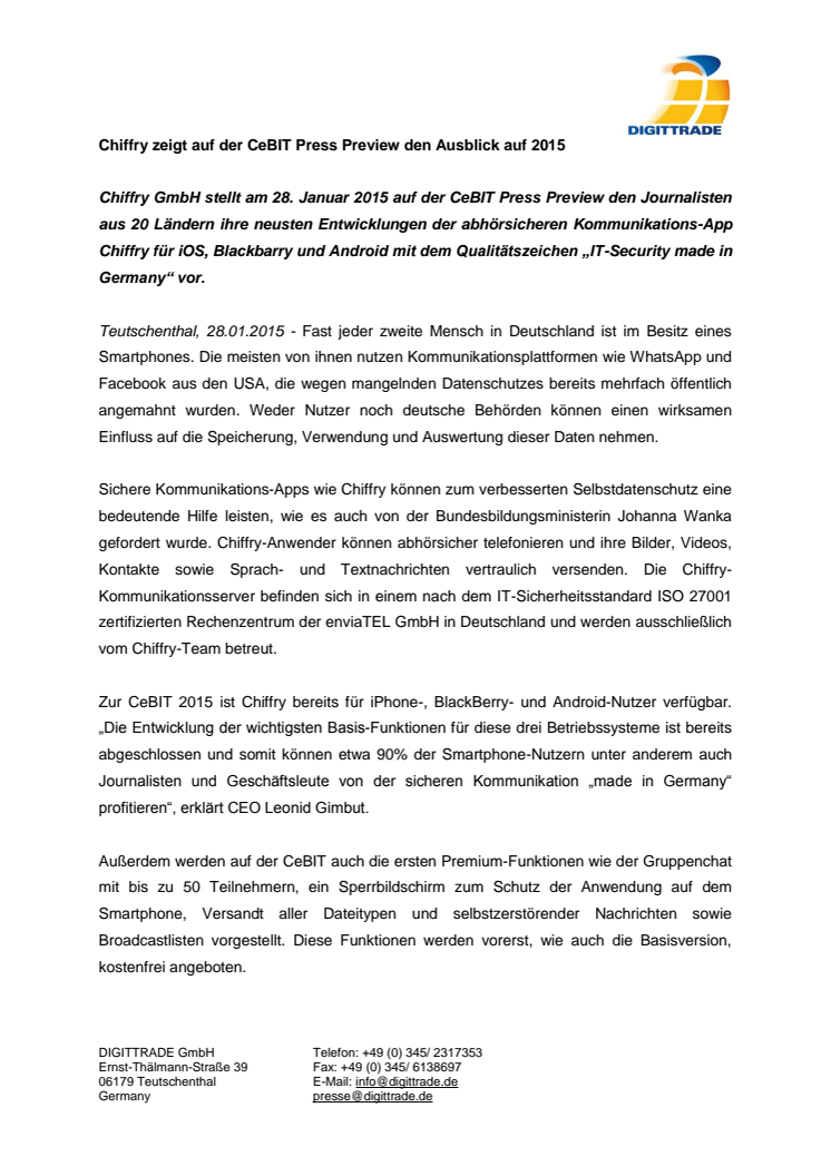 Chiffry zeigt auf der CeBIT Press Preview den Ausblick auf 2015