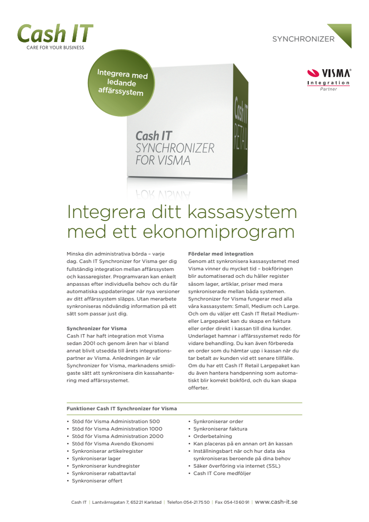 Cash IT Synchronizer for Visma - Integrera ditt kassasystem med ett ekonomiprogram