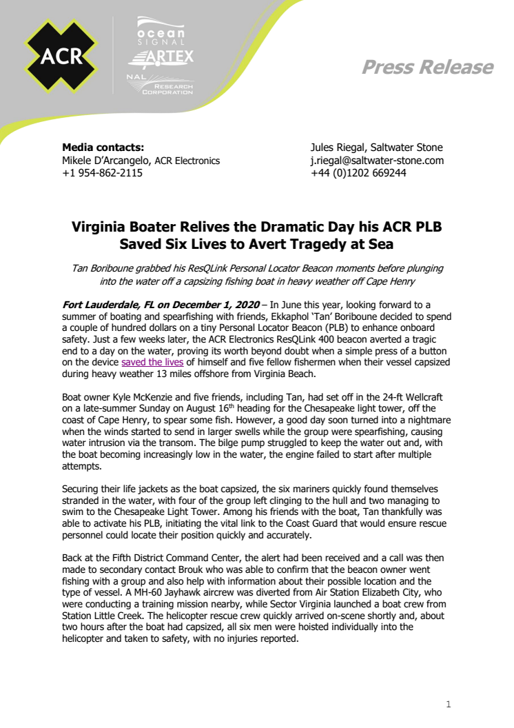 Virginia Boater Relives the Dramatic Day his ACR PLB Saved Six Lives to Avert Tragedy at Sea