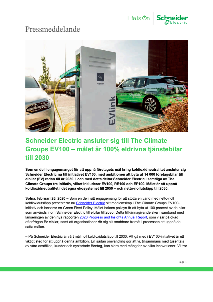 Schneider Electric ansluter sig till The Climate Groups EV100 – målet är 100% eldrivna tjänstebilar till 2030