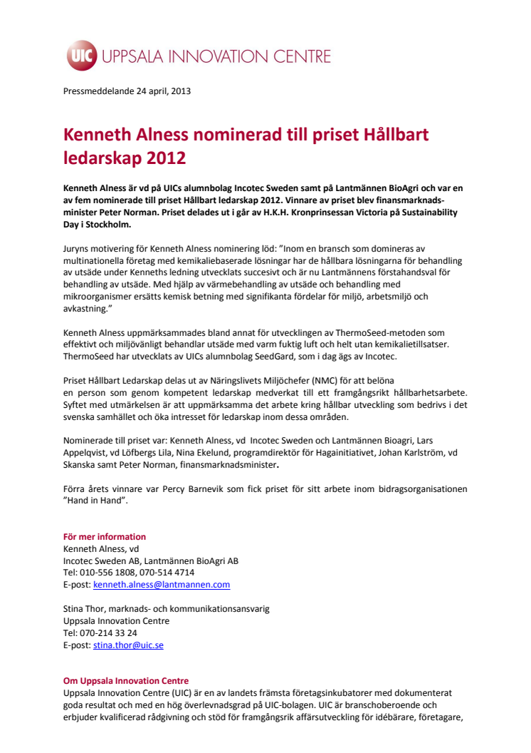 Kenneth Alness nominerad till priset Hållbart ledarskap 2012