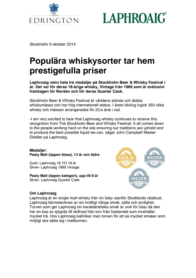 Populära whiskysorter tar hem prestigefulla priser