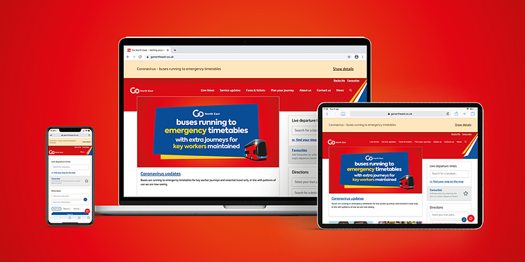 Go North East's new website shown on mobile, laptop and tablet
