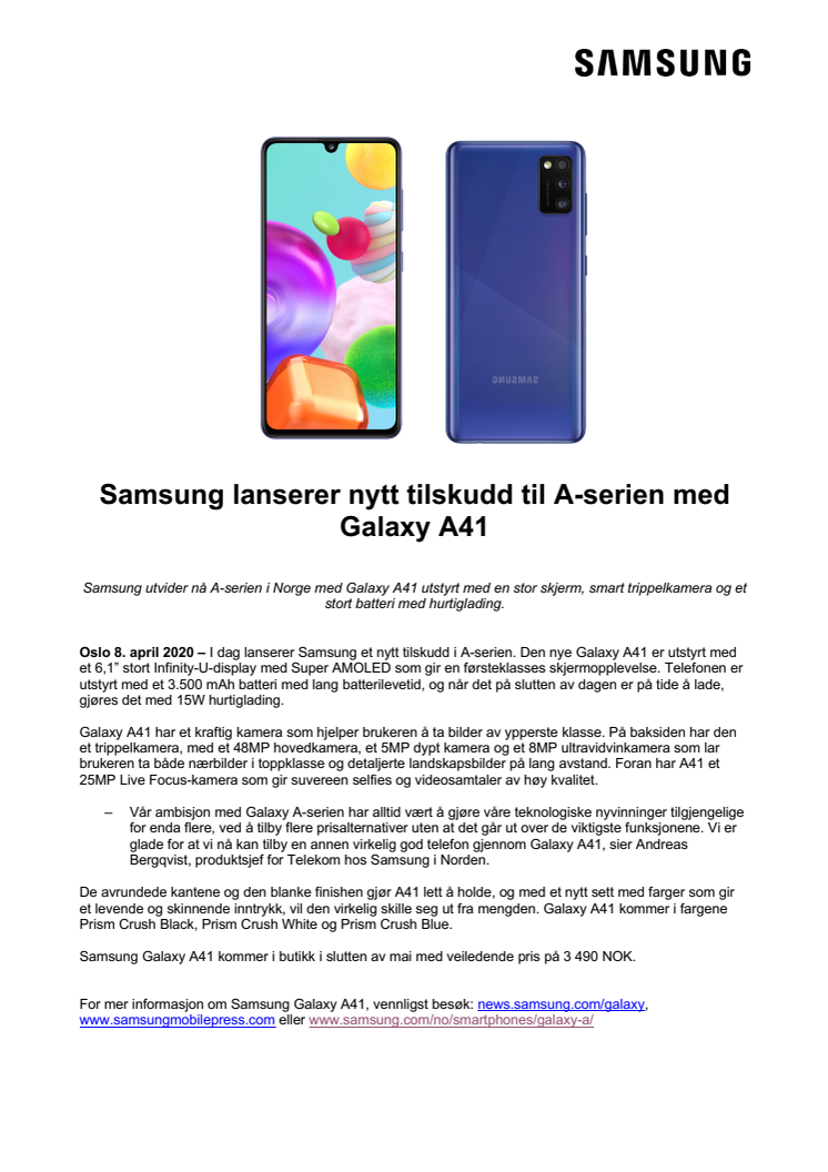 Samsung lanserer nytt tilskudd til A-serien med Galaxy A41