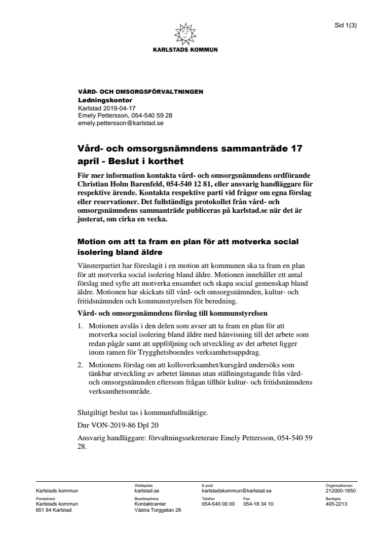 Vård- och omsorgsnämndens beslut i korthet 17 april