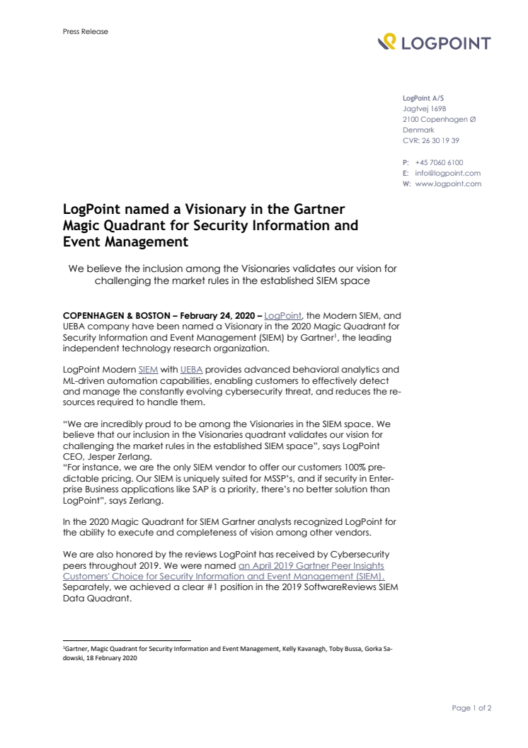 LogPoint named a Visionary in the Gartner Magic Quadrant for Security Information and Event Management