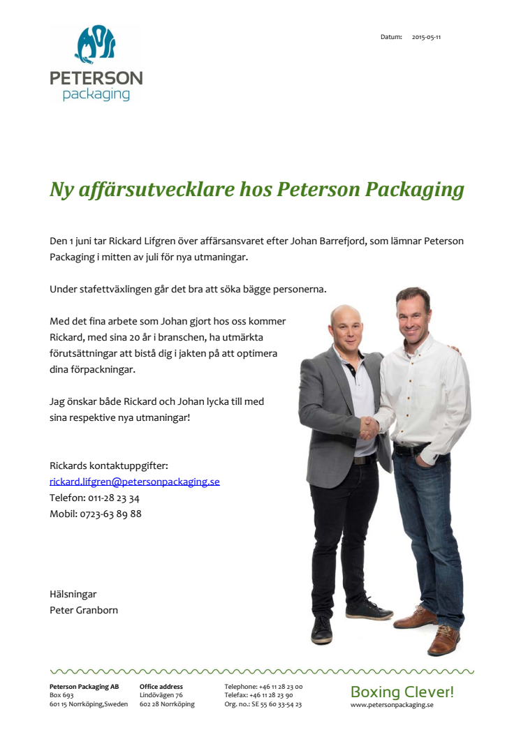 Ny affärsutvecklare hos Peterson Packaging AB